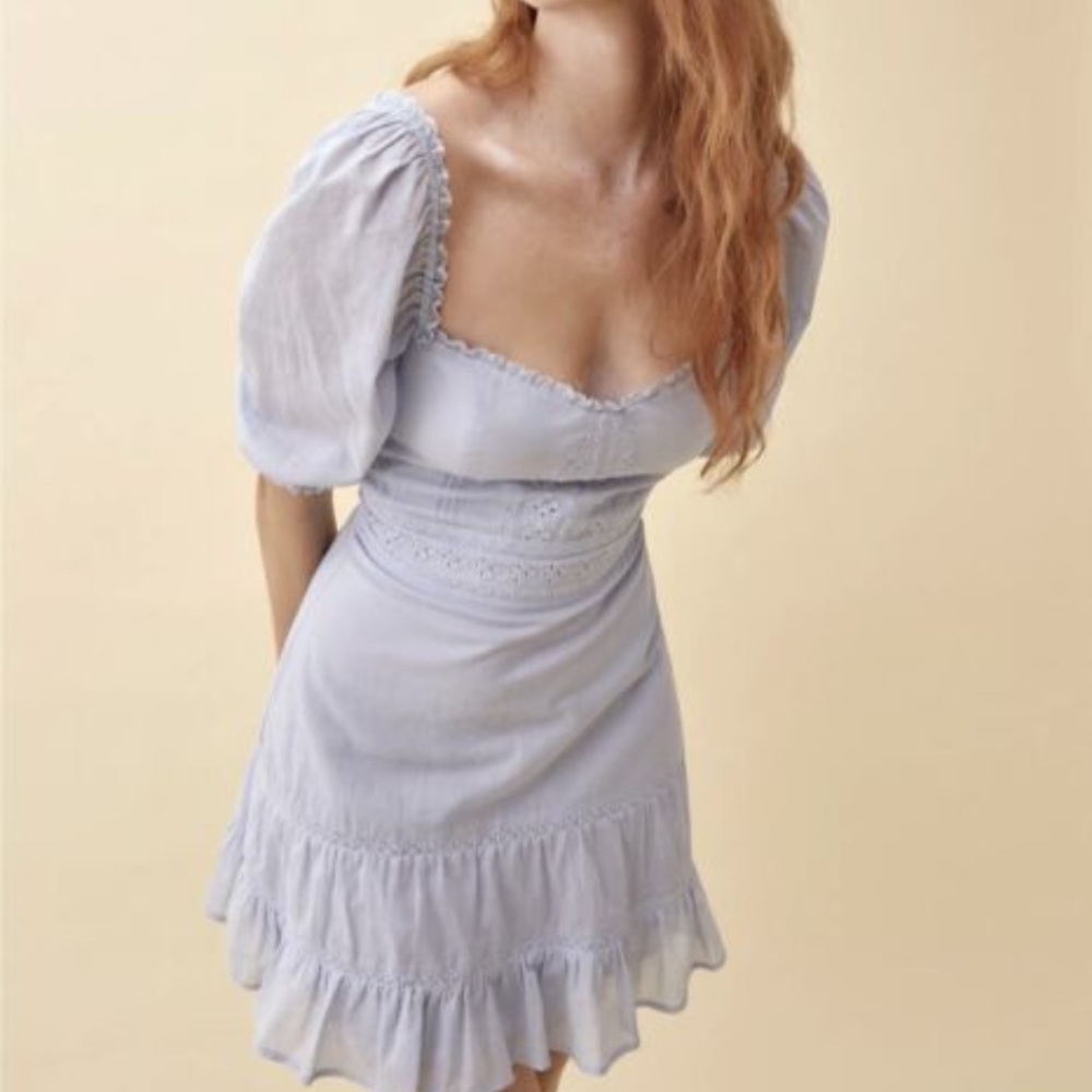 Reformation Blue Paxton Dress | Peasant Mini Dress Puff Sleeve Cotton Lace